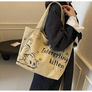 Cute Cat Graphic Canvas Large Tote Bag